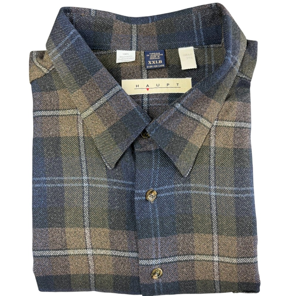 Haupt Long Sleeve Flannel Shirt Mens 2XL Big Blue Tan Olive Plaid Cotton Germany